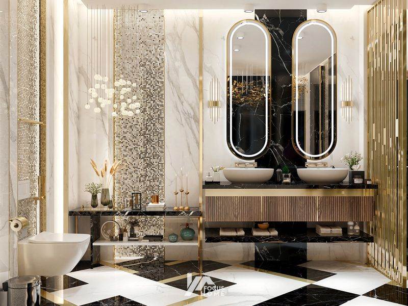 Mẫu thiết kế nội thất phòng tắm biệt thự với 3 tông màu chủ đạo là trắng, đen, vàng