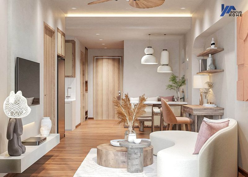Thiết kế nội thất phòng khách chung cư phong cách Wabi Sabi