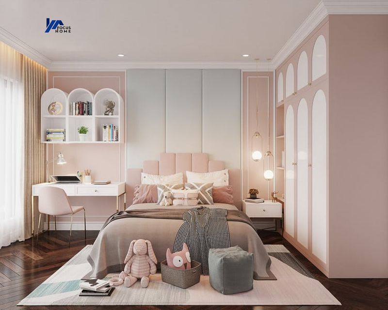 Phòng ngủ 3 thiết kế với màu hồng phấn