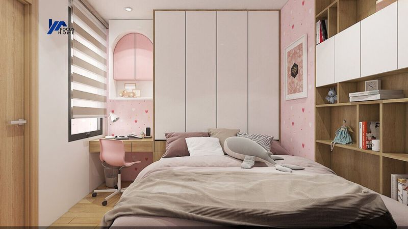 Phòng ngủ của bé thiết kế với tone màu trắng hồng