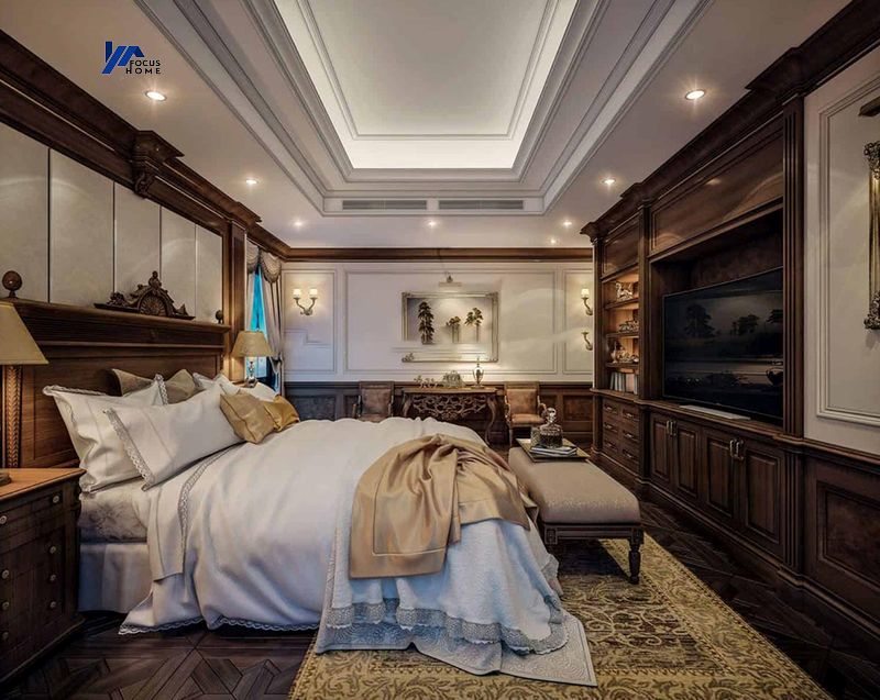 Phòng ngủ sử dụng chất liệu chính là gỗ tạo cảm giác ấm cúng, thoải mái