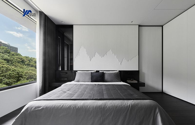 Phòng ngủ được thiết kế với gam màu trung tính, đơn giản, thoải mái