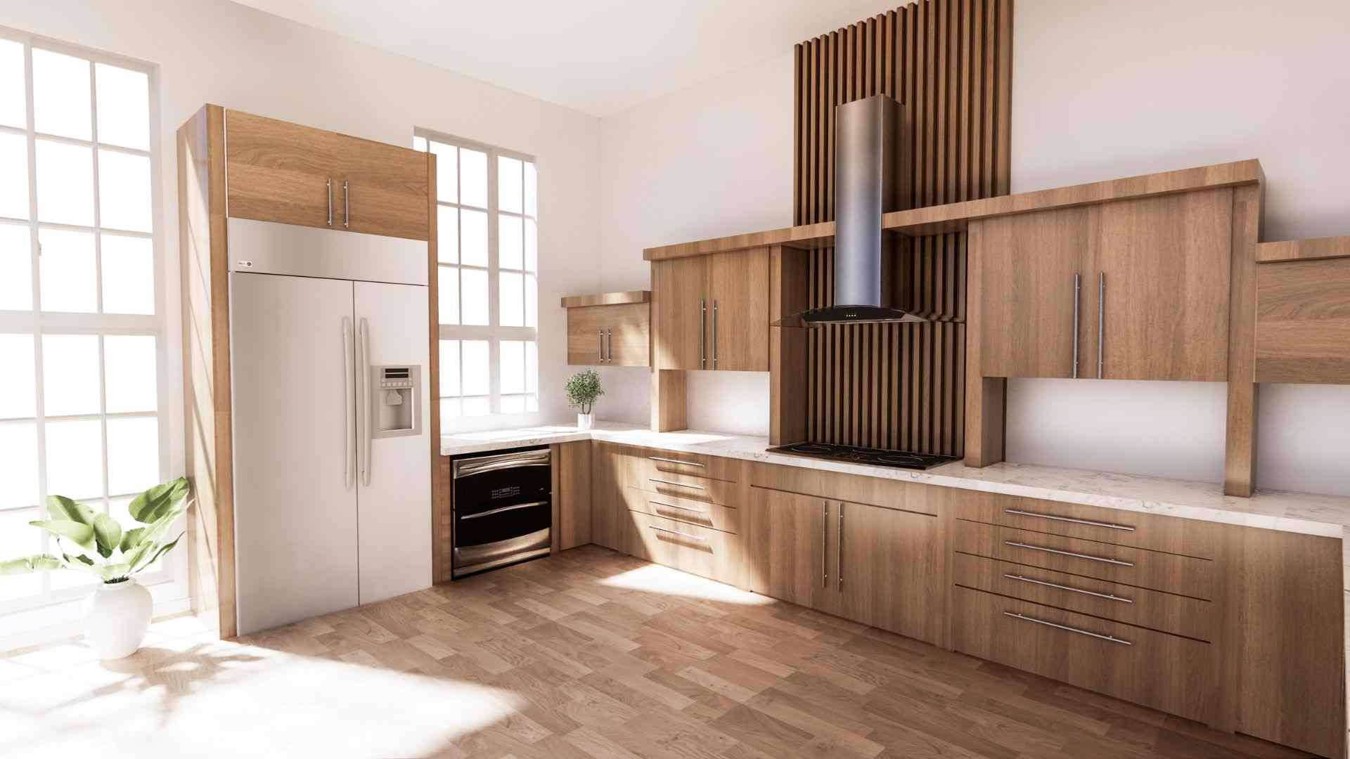 Mẫu 1: Thiết kế bếp với nội thất gỗ tự nhiên