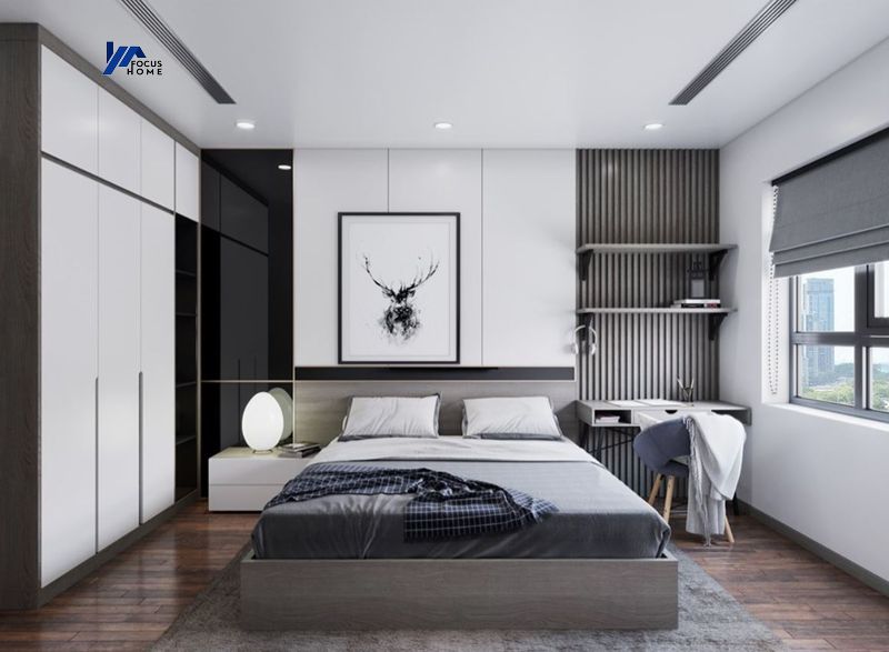 Thiết kế phòng ngủ đơn giản với tông màu trắng đen