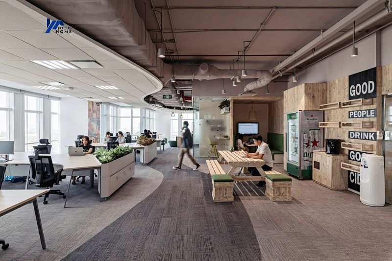 Phong cách thiết kế nội thất văn phòng mở không gian chính và không gian phụ