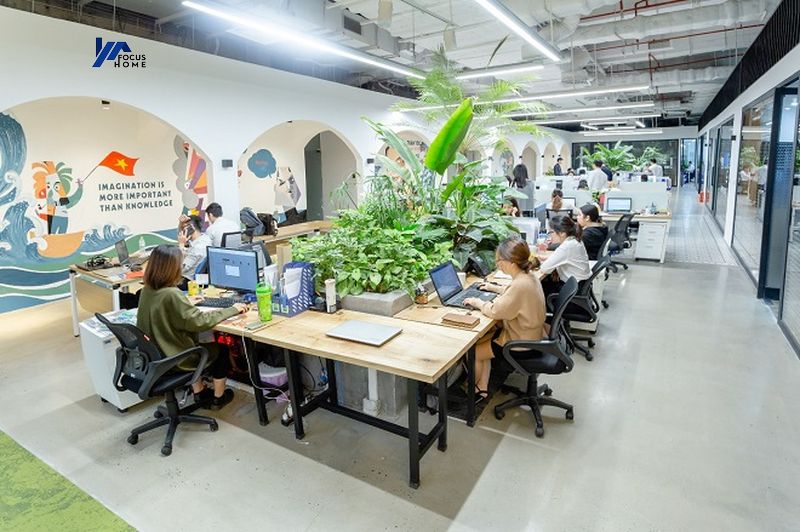 Tư vấn thiết kế thi công nội thất văn phòng phong cách mở mix không gian xanh