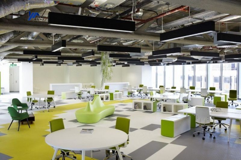 Thiết kế nội thất văn phòng cao cấp không gian mở tone xanh trắng