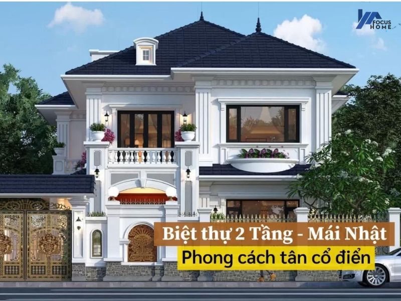 Bản vẽ 3D mẫu kiến trúc biệt thự 2 tầng theo phong cách tân cổ điển mái Nhật